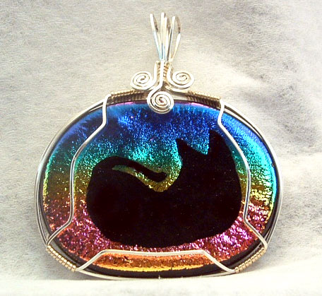 Cat on dichroic glass pendant, kitty on dichoic glass jewelry